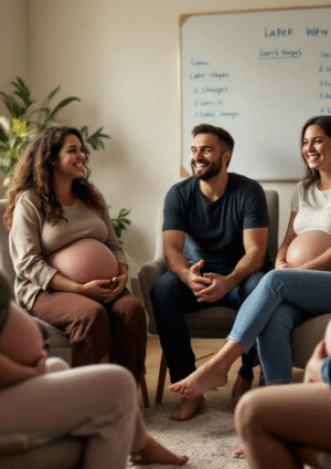 Zajęcia w szkole rodzenia obejmują praktyczne ćwiczenia dla przyszłych rodziców.